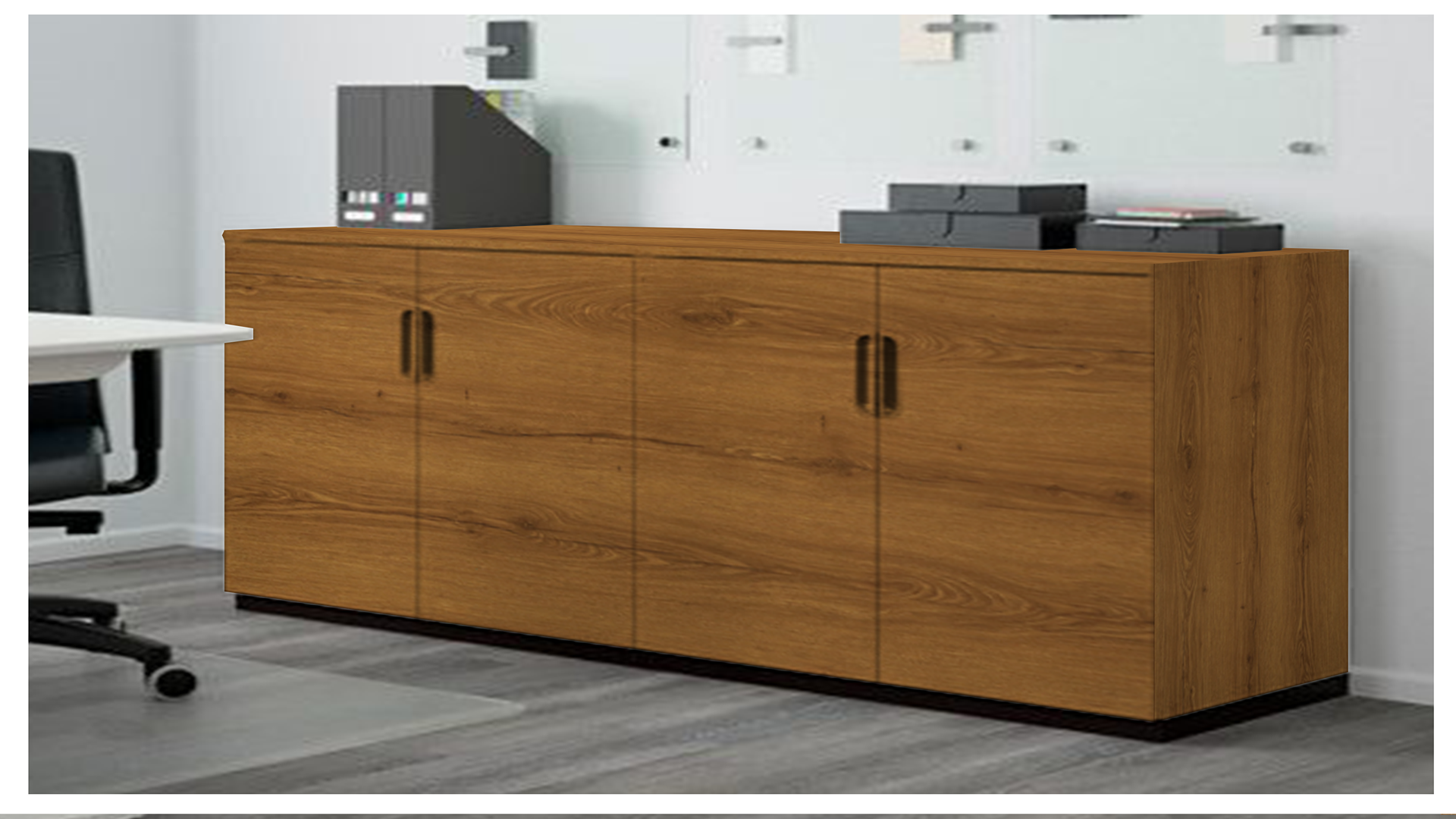 Wood grain laminate cabinet with matte finish in a modern office setting, showcasing natural texture and wood pattern.