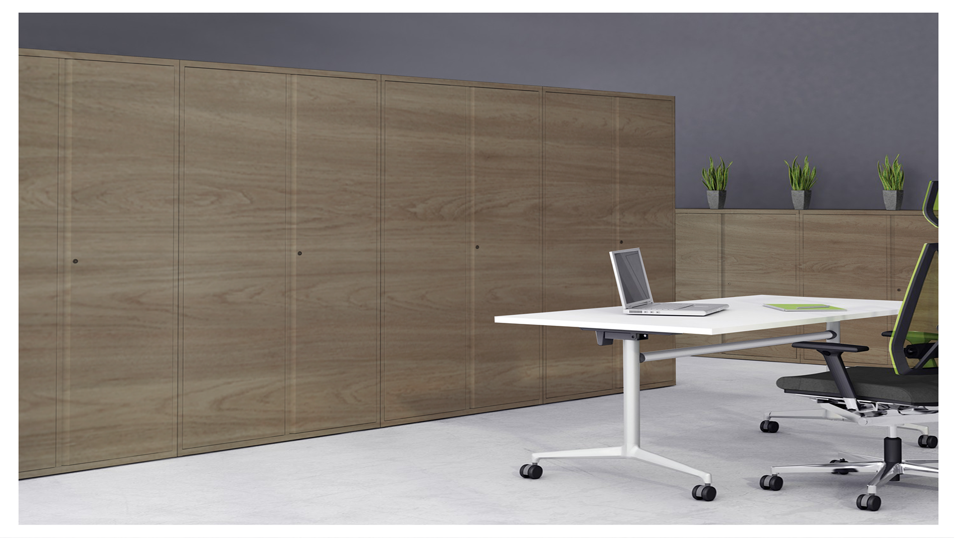 Brown wood grain laminate wall panels with matte finish in a modern office setting with desk and chair.