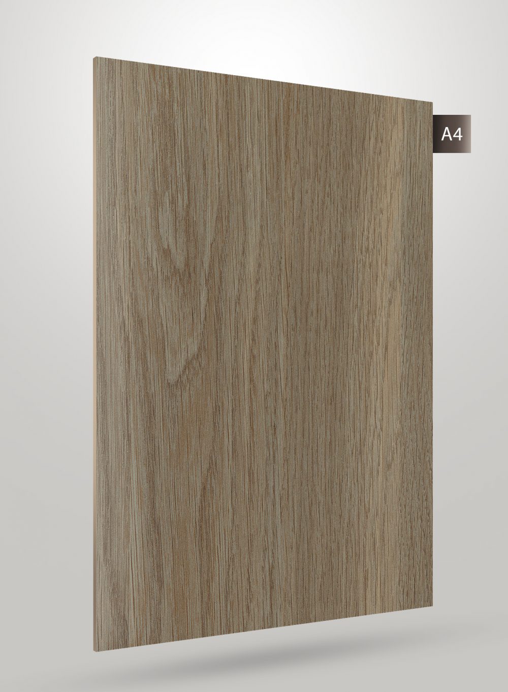Brown wood grain laminate with matte finish and vertical grain pattern on a square sheet.