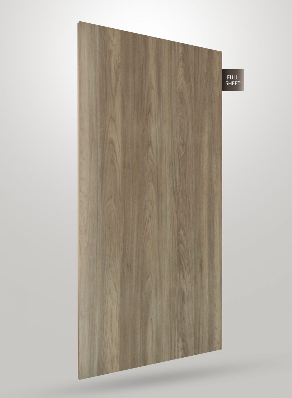 Brown wood grain laminate sheet with matte finish and visible wood texture, labeled full sheet.