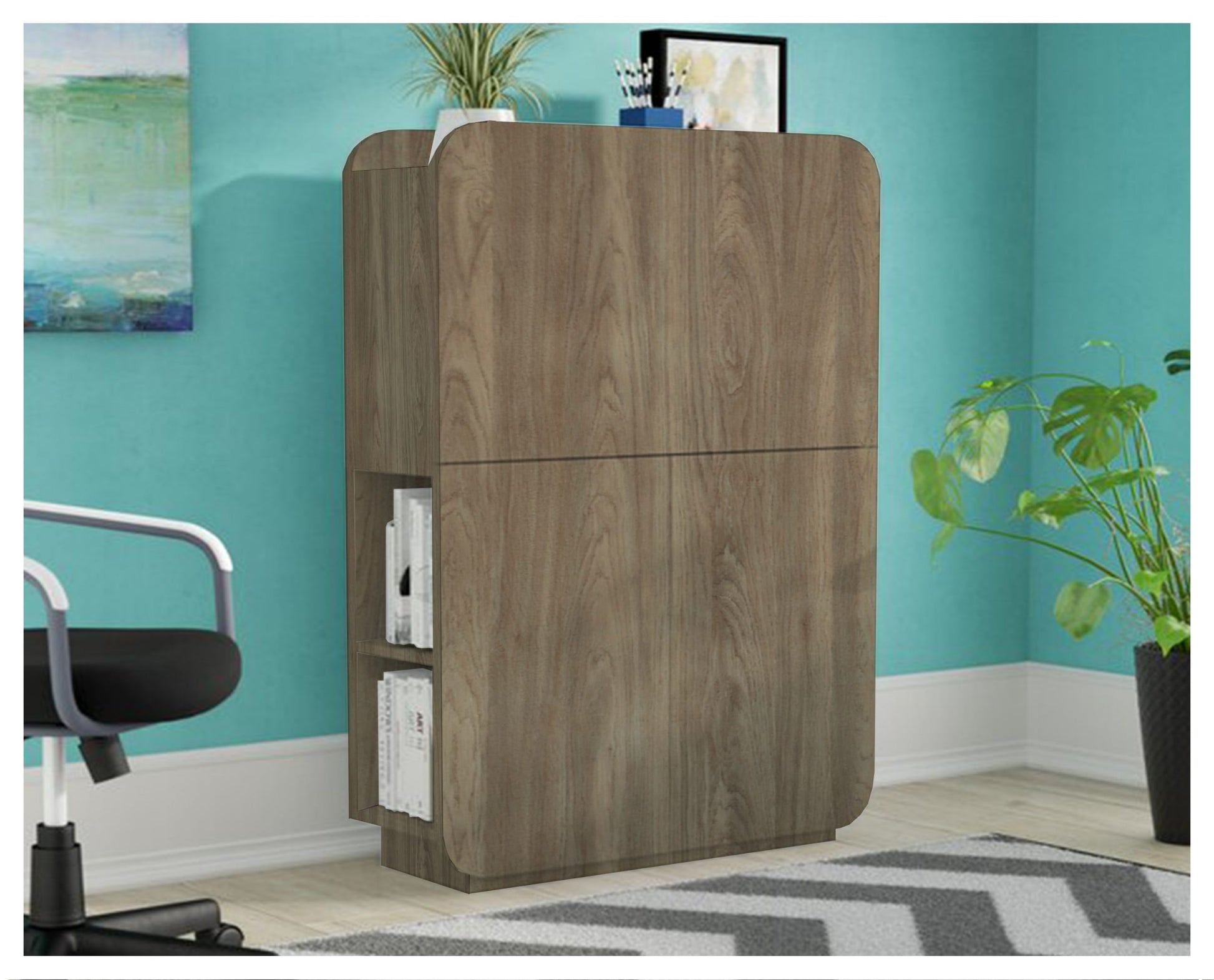 Brown wood grain laminate cabinet with matte finish and visible wood texture in a modern office setting.
