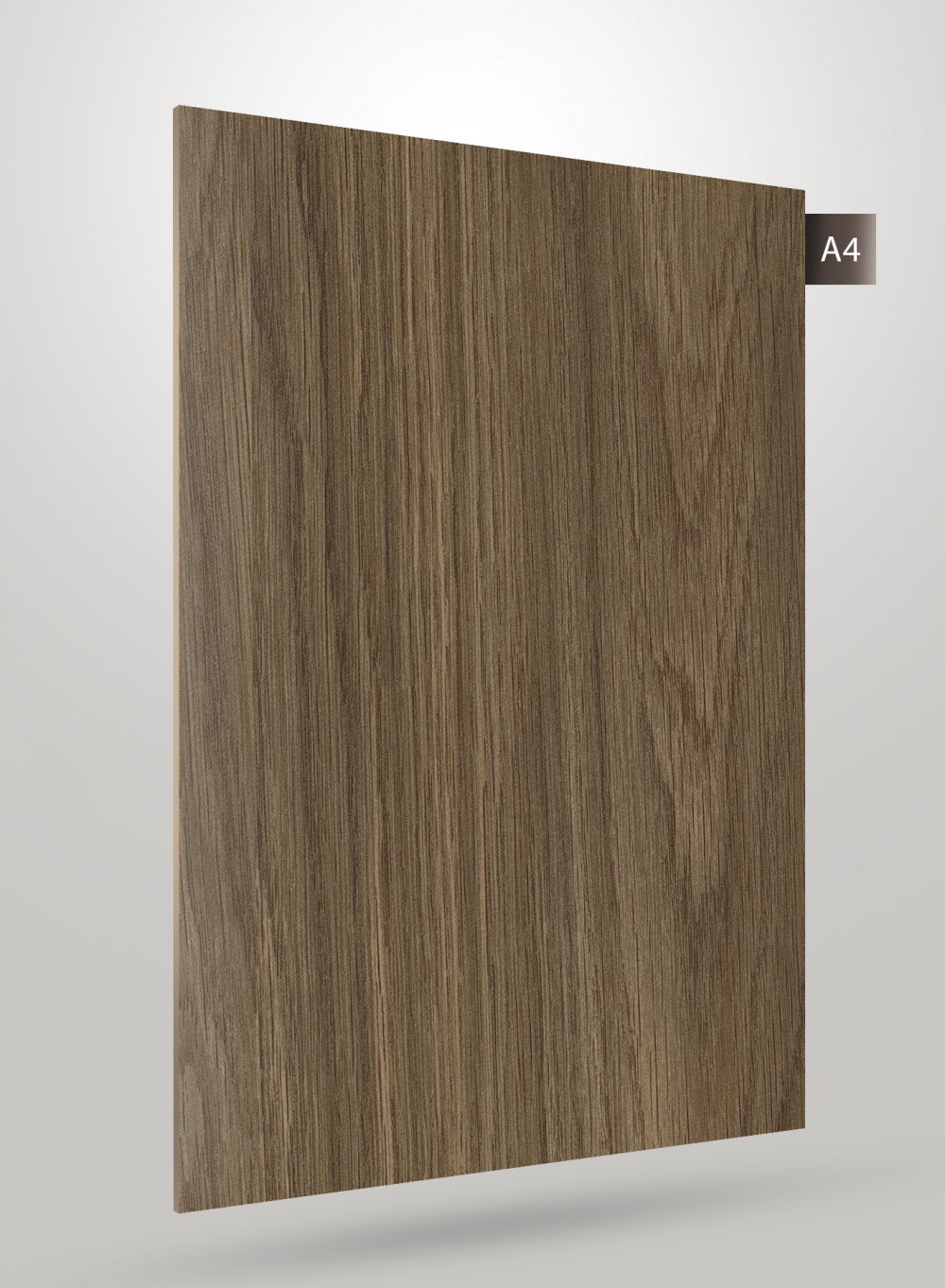 Brown wood grain decorative laminate with matte finish and vertical wood pattern texture on a sample sheet.