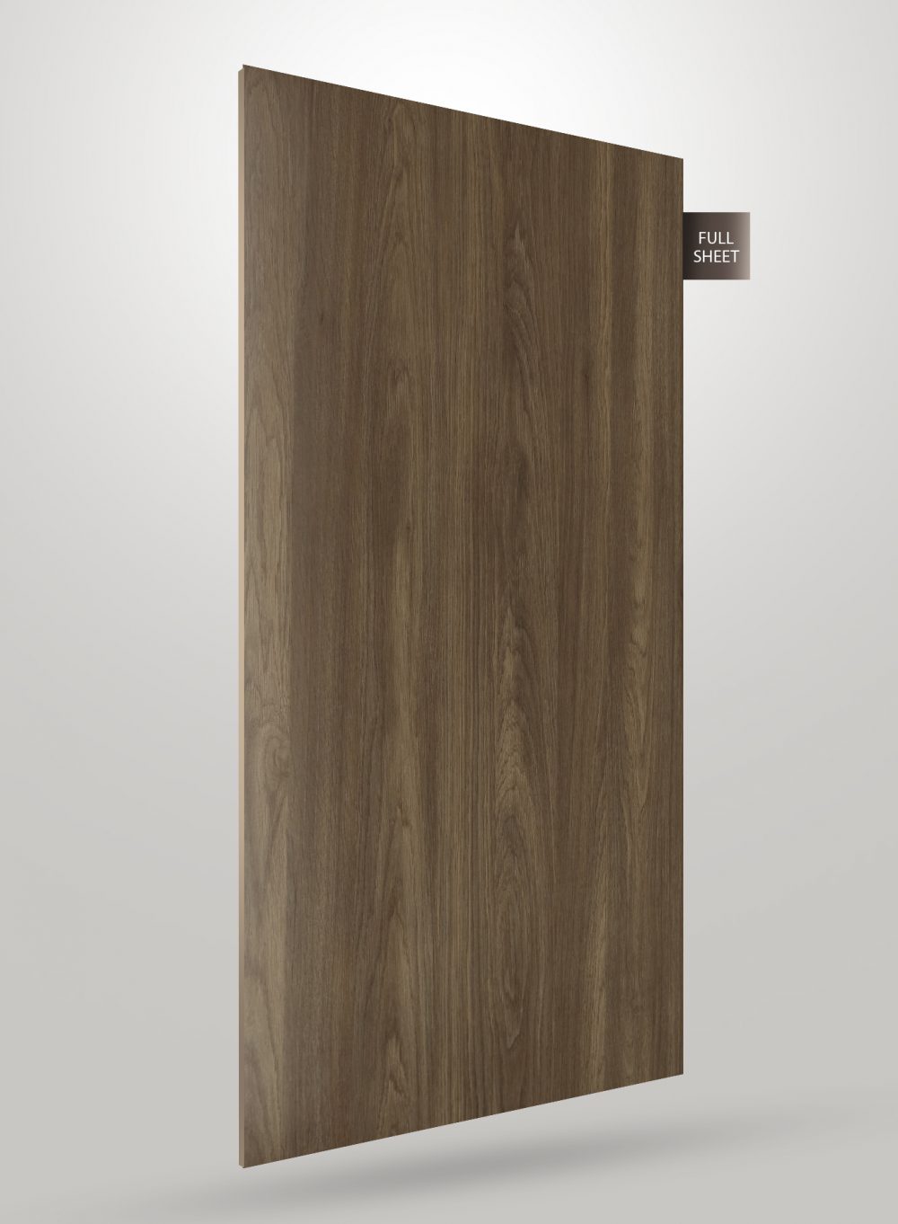 Brown wood grain decorative laminate sheet with matte finish and visible wood texture and grain pattern on full sheet display