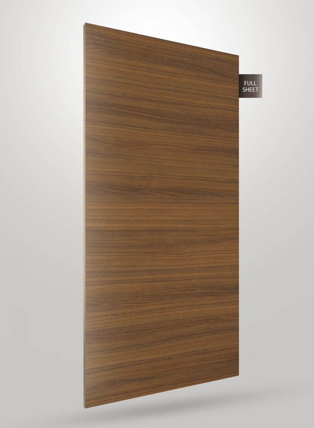 Brown wood grain decorative laminate with matte finish and visible wood texture, labeled full sheet.
