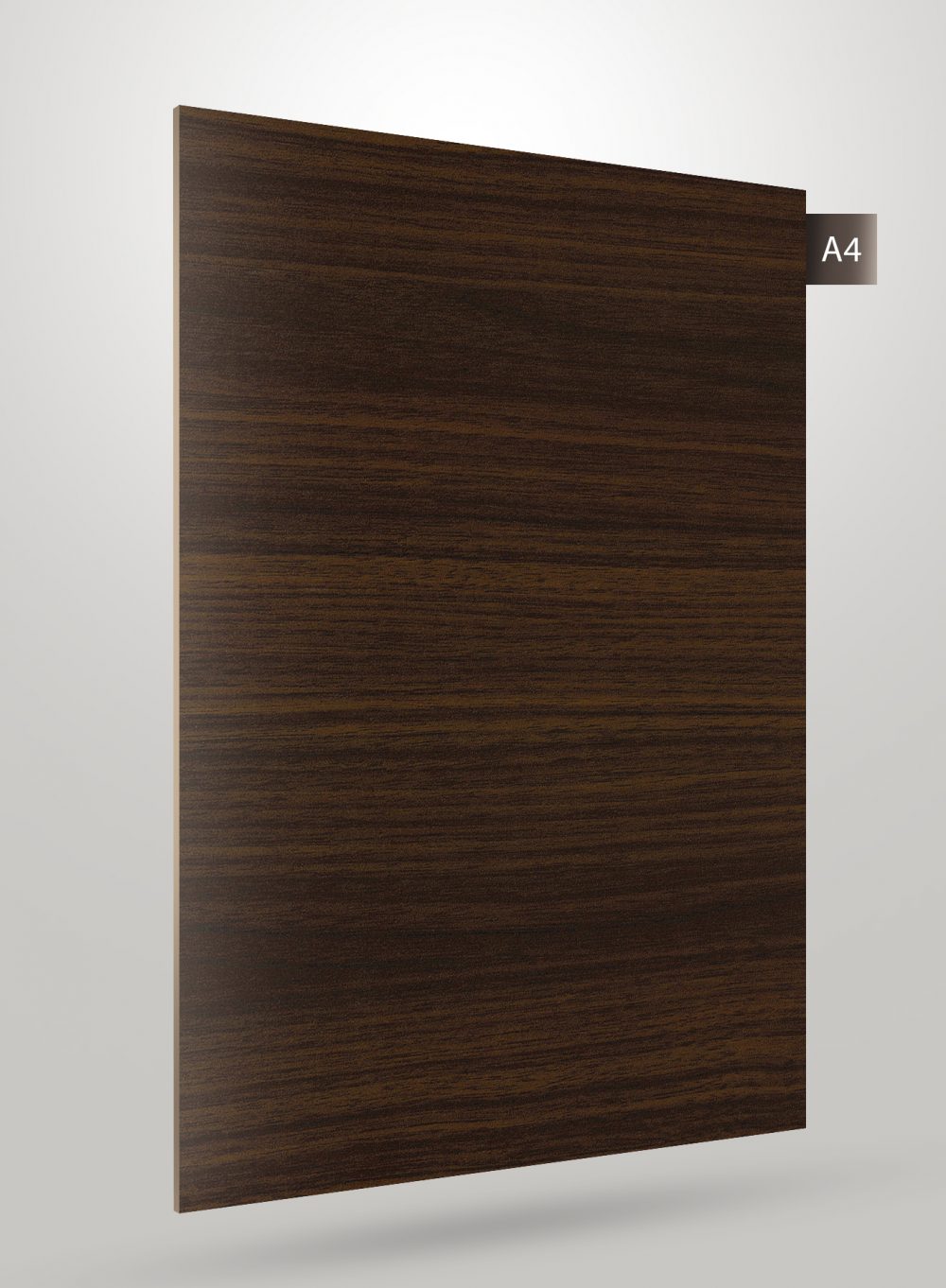 Brown wood grain laminate with matte finish and horizontal wood pattern visible on the decorative laminate sheet.