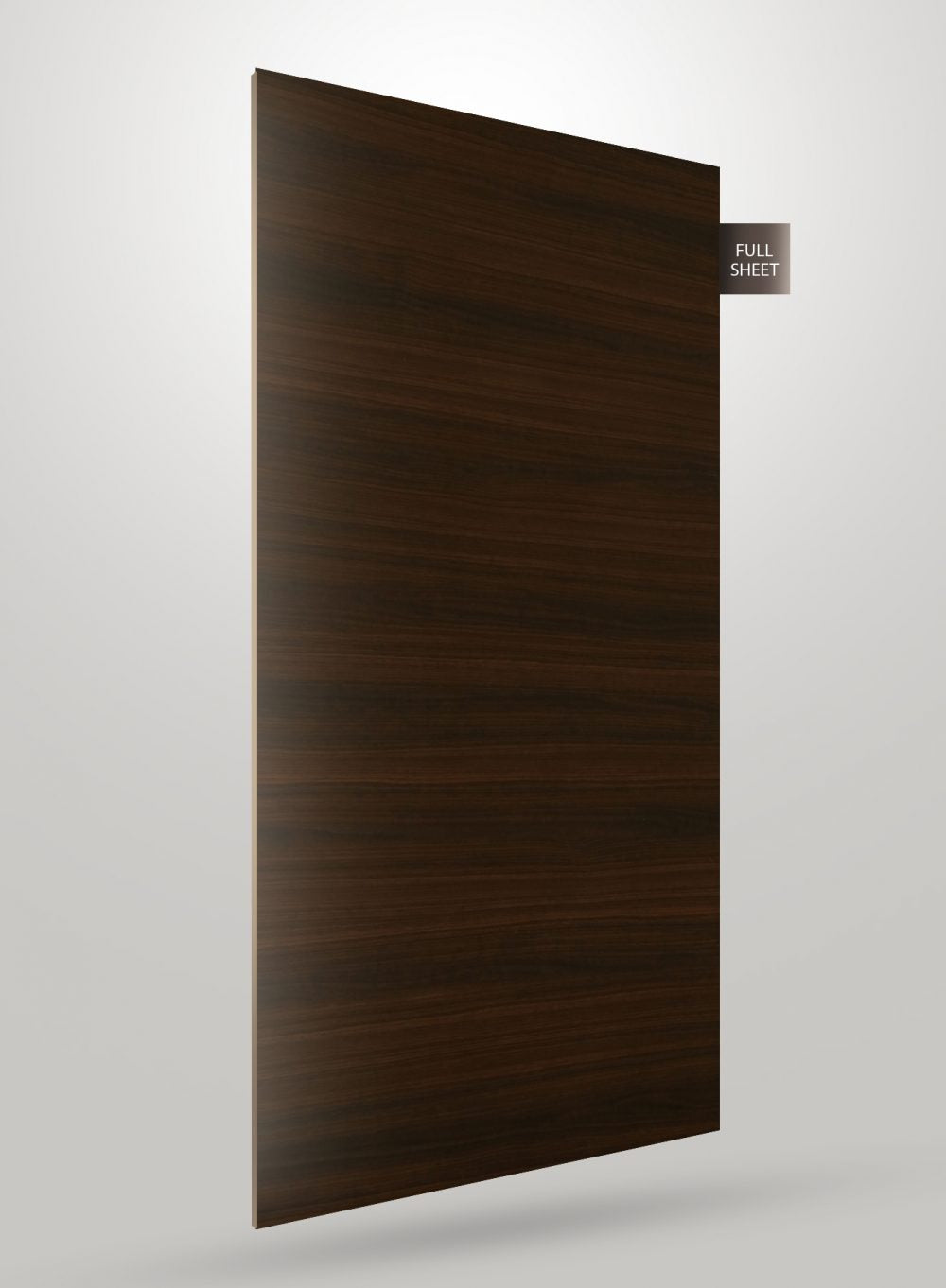 Brown wood grain decorative laminate sheet with matte finish and visible wood texture displayed at an angle.