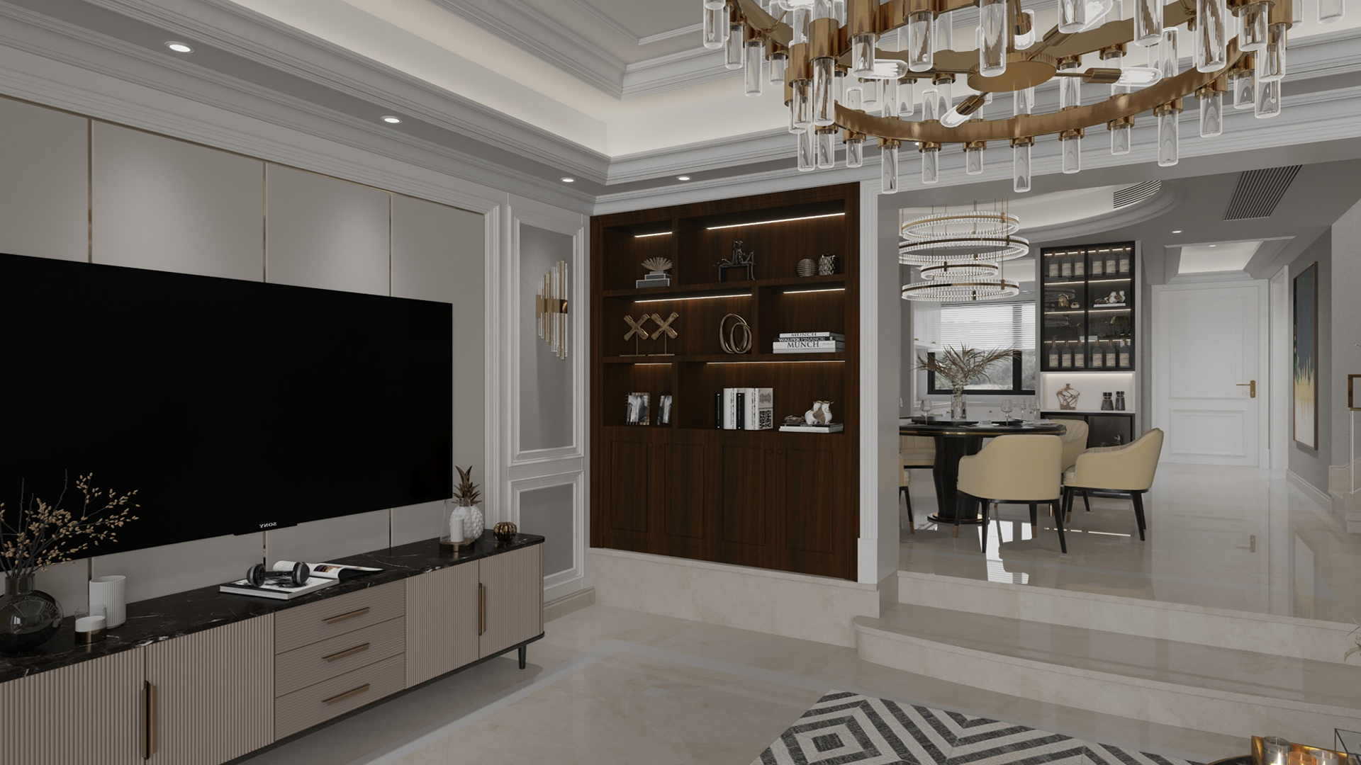 Brown wood grain decorative laminate used on wall paneling and shelving in a modern luxurious living room interior.