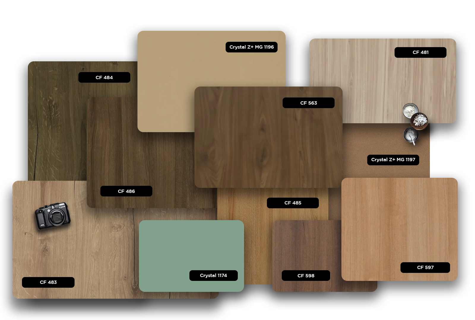 Multi-coloured wood grain laminate with matte finish and various wood textures displayed in different samples.