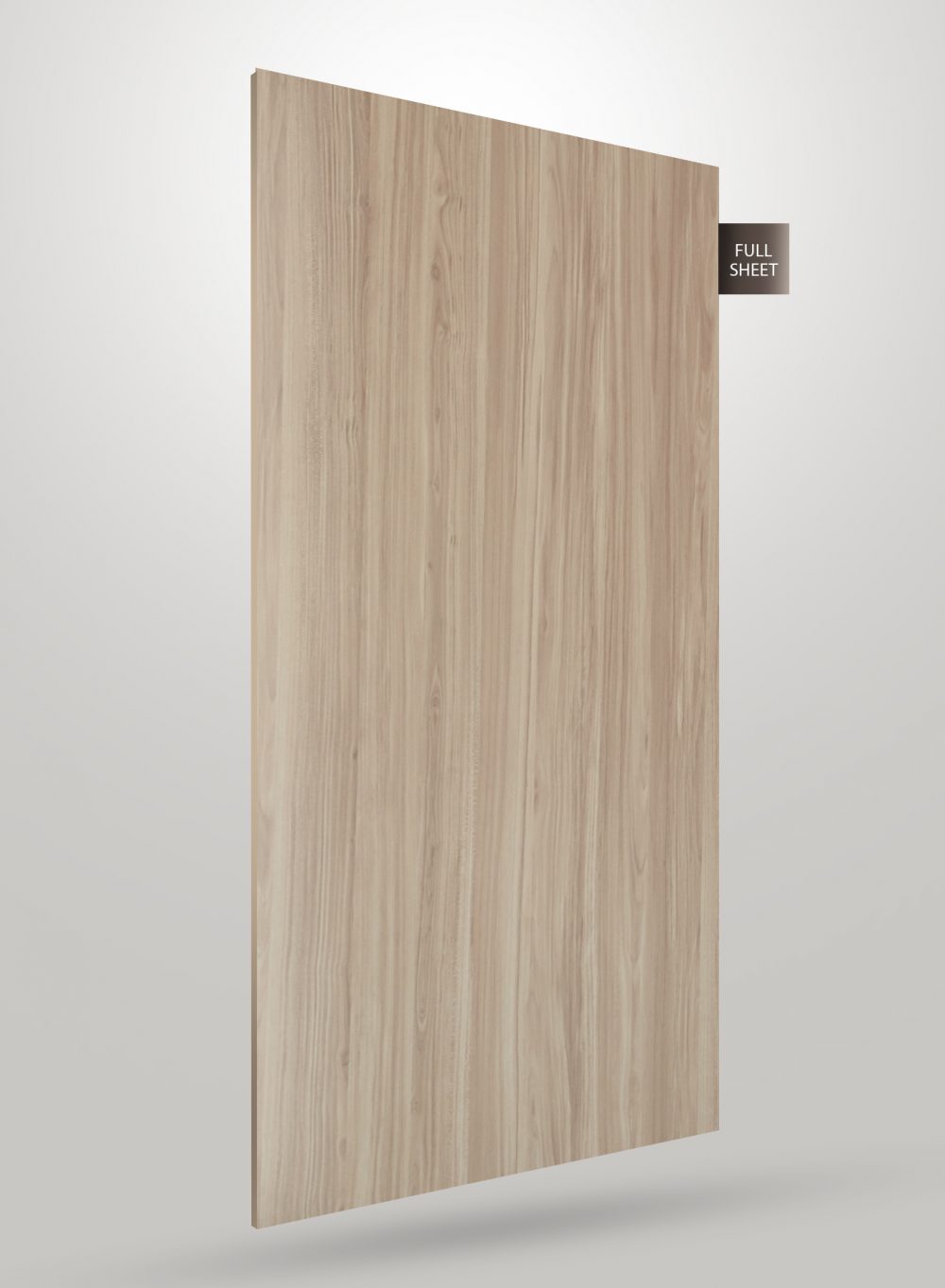 Light wood grain decorative laminate sheet with matte finish and vertical grain pattern, displayed as full sheet.