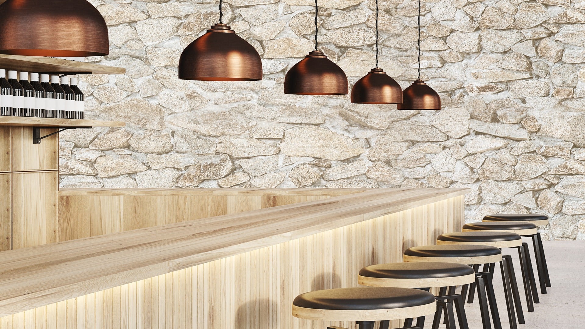 Wood laminate bar with matte finish, visible wood grain texture, used in modern bar setting with stools and copper lights