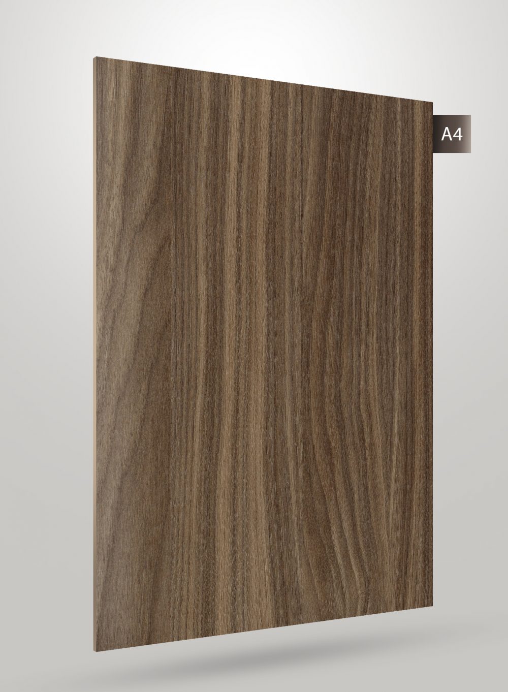 Brown wood grain decorative laminate with matte finish and vertical wood pattern texture on a white background