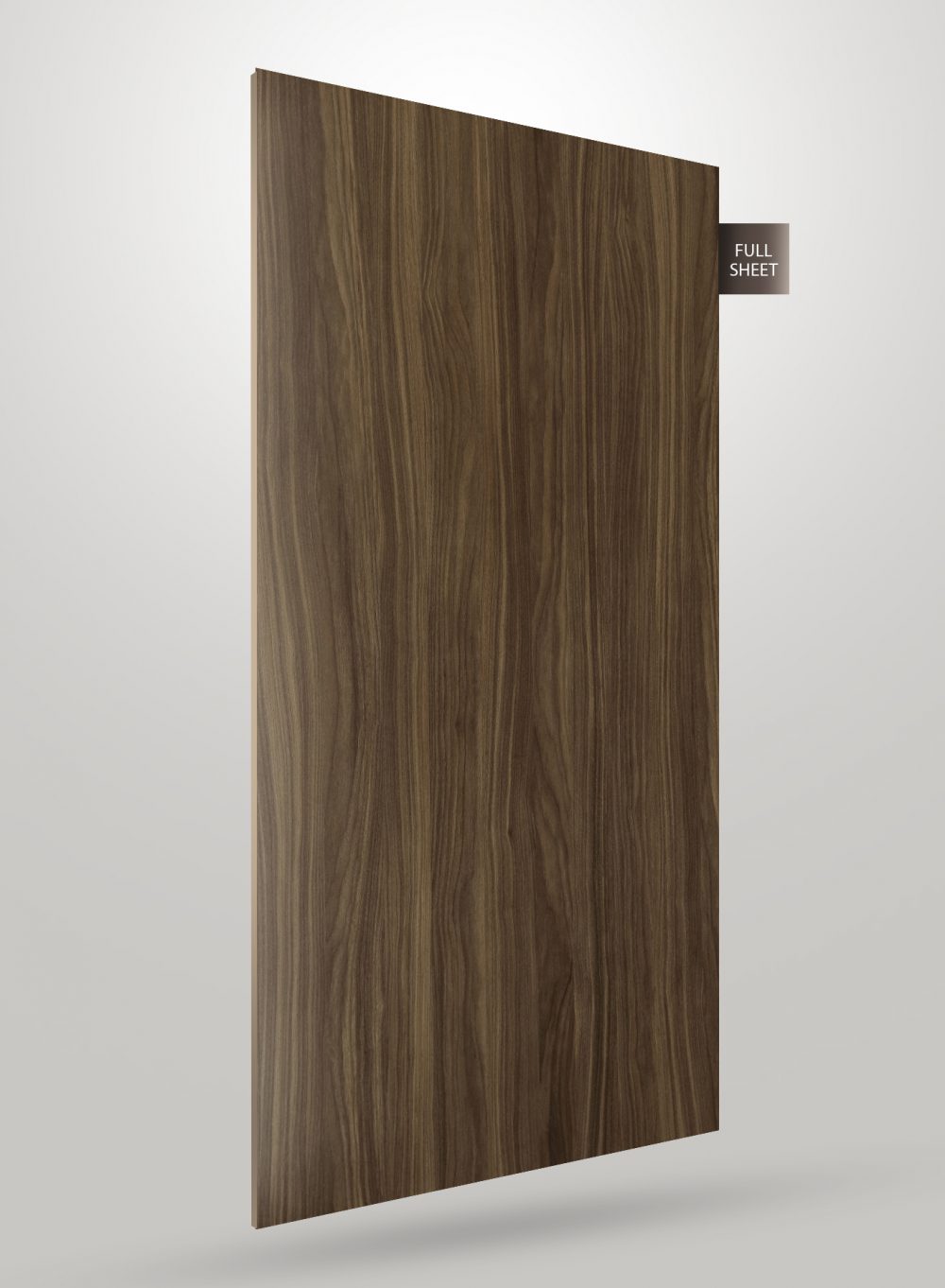 Brown wood grain laminate sheet with matte finish and vertical grain pattern, labeled full sheet.