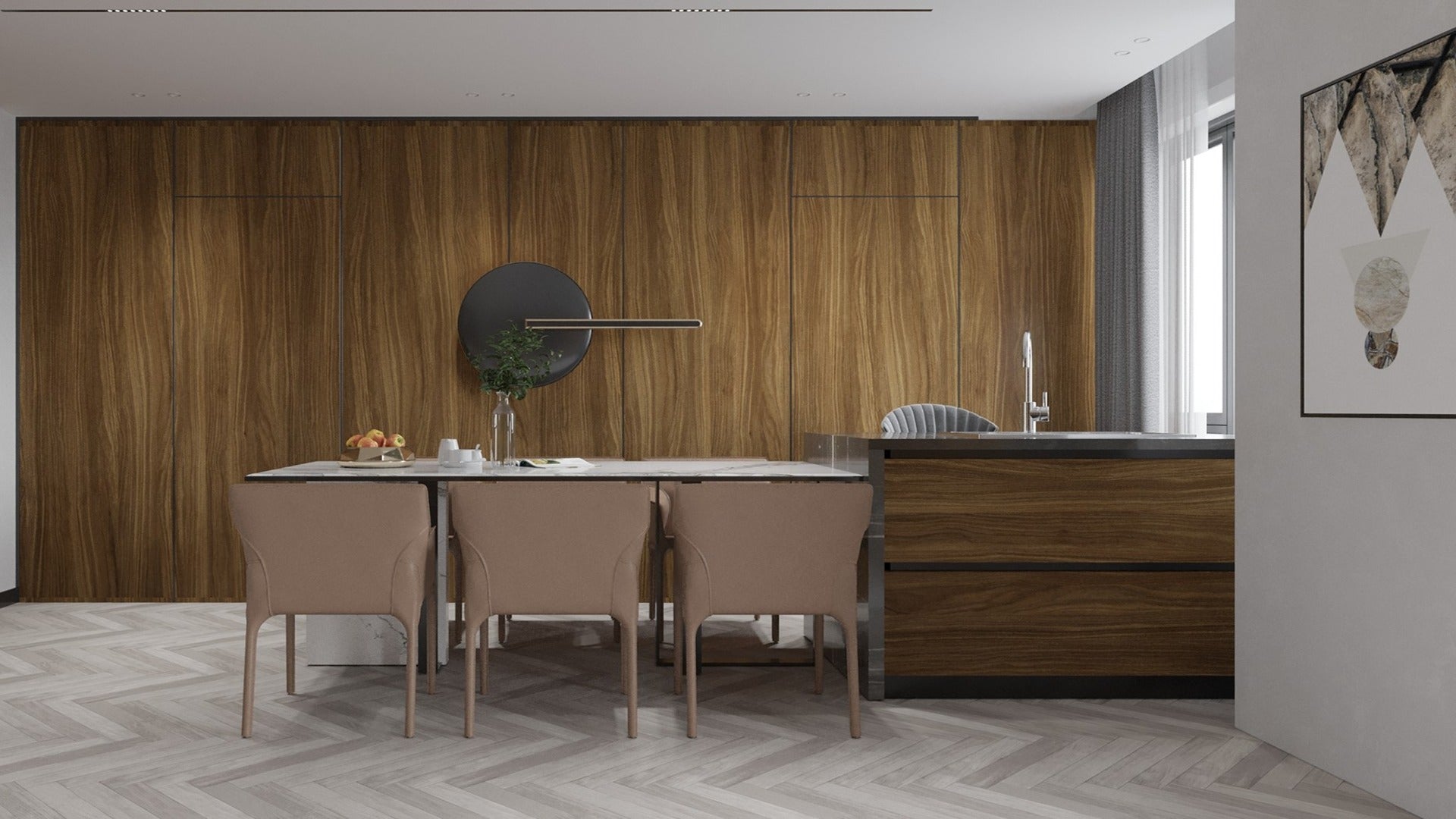 Wood laminate wall with wood grain texture in modern dining room with marble floor and minimalist decor