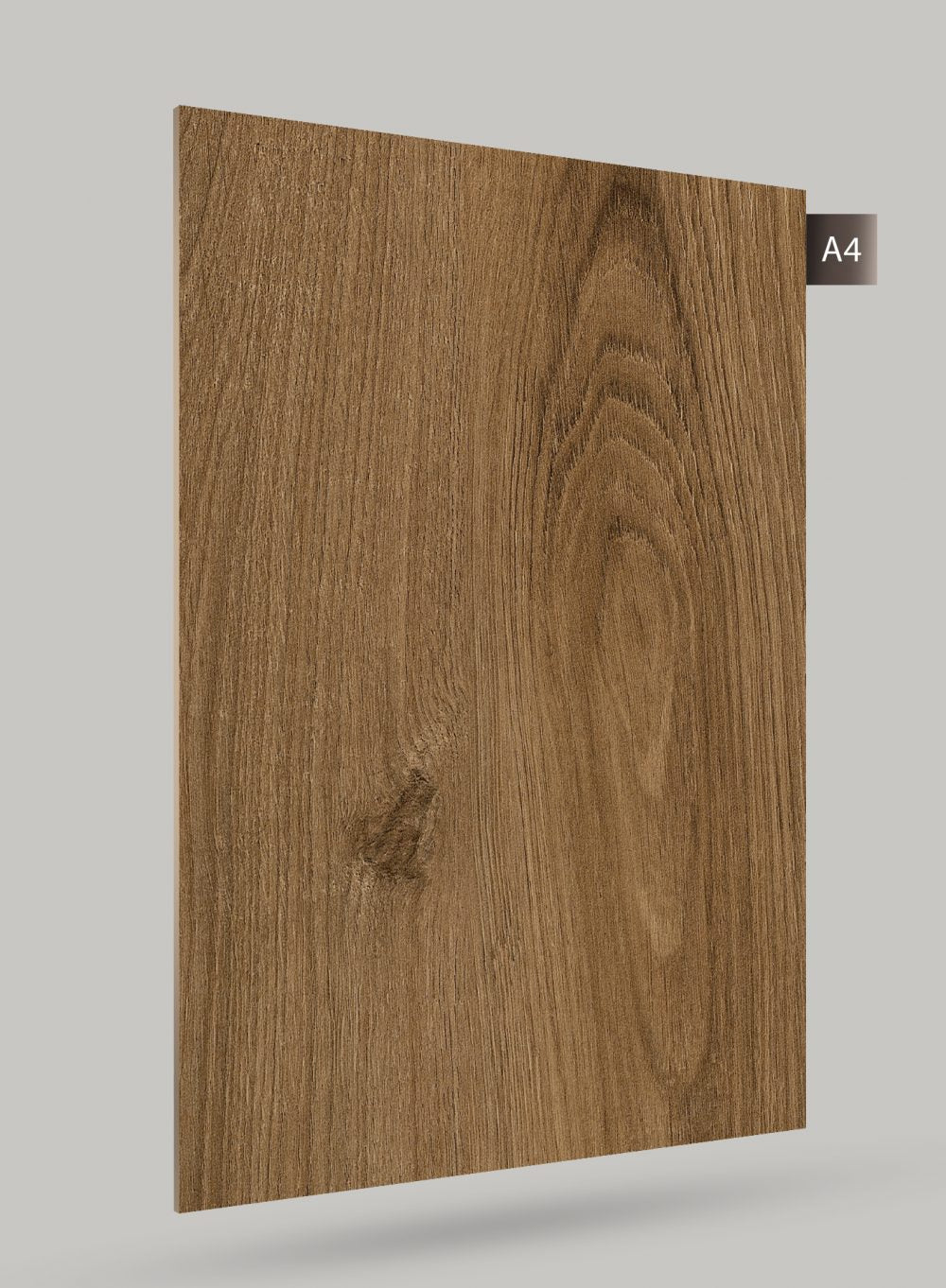 Brown wood grain decorative laminate with matte finish and visible wood texture and knots.