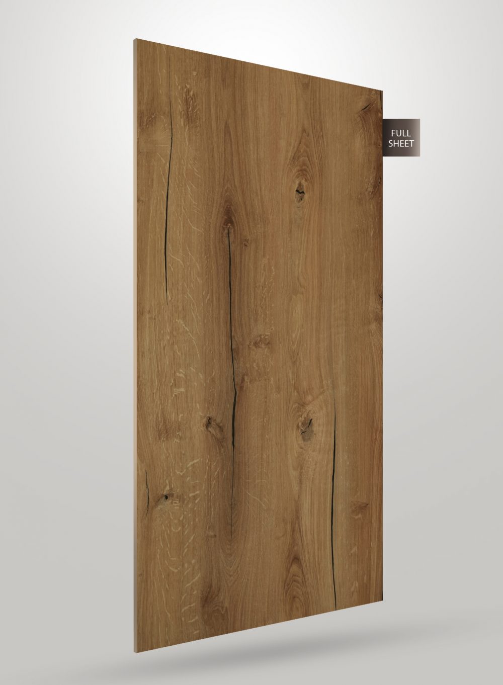 Brown wood grain decorative laminate with matte finish and visible texture and knots on full sheet surface.
