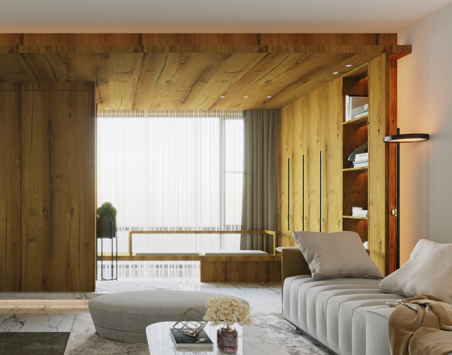 Brown wood laminate with matte finish and wood grain texture used on walls and ceiling in modern living room