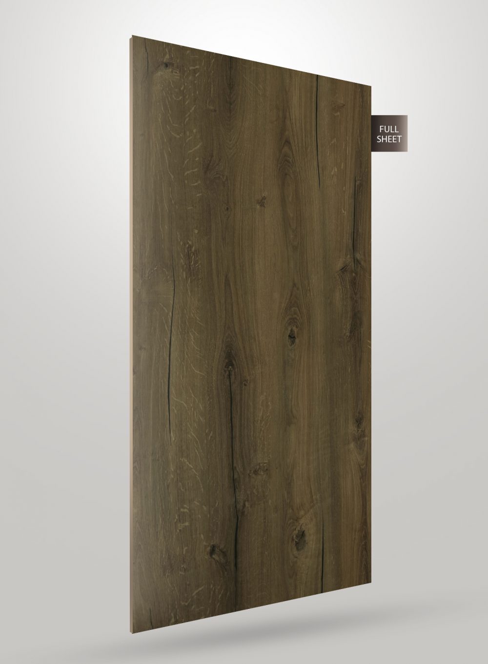 Brown wood grain decorative laminate with matte finish and visible texture, shown as a full sheet.