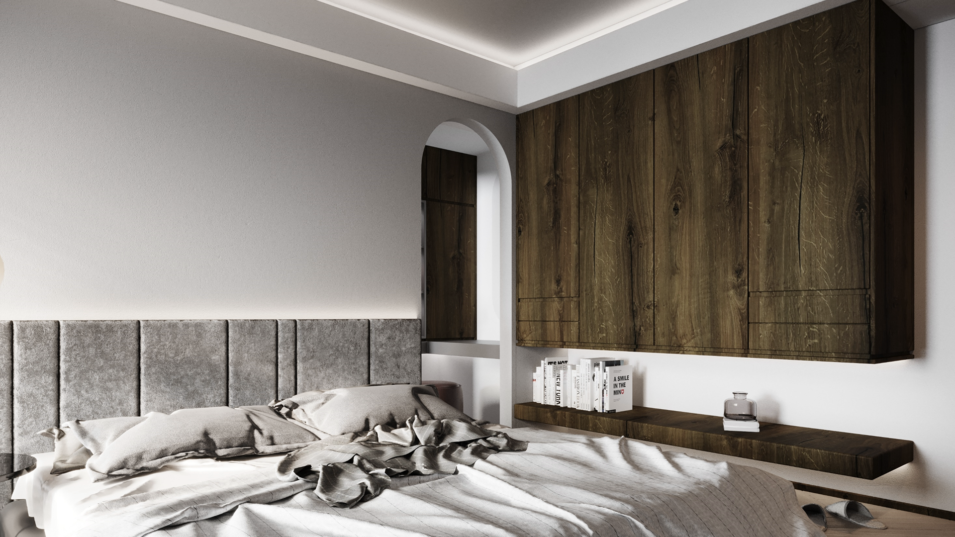 Dark wood laminate wall panel with wood grain texture and matte finish in a modern bedroom setting with built-in shelving.