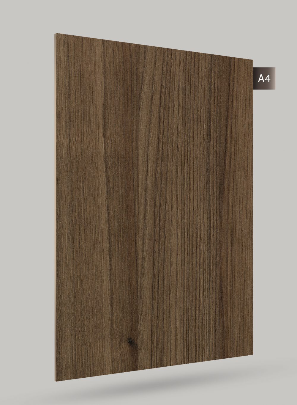 Brown wood grain decorative laminate with matte finish and vertical wood pattern texture, code A4 visible on edge.
