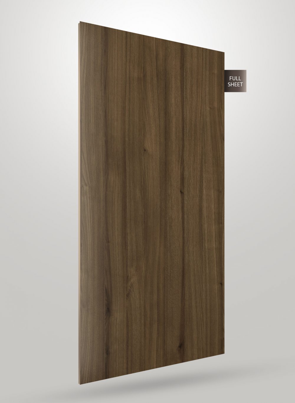 Brown wood grain decorative laminate sheet with matte finish and vertical wood pattern, labeled full sheet.