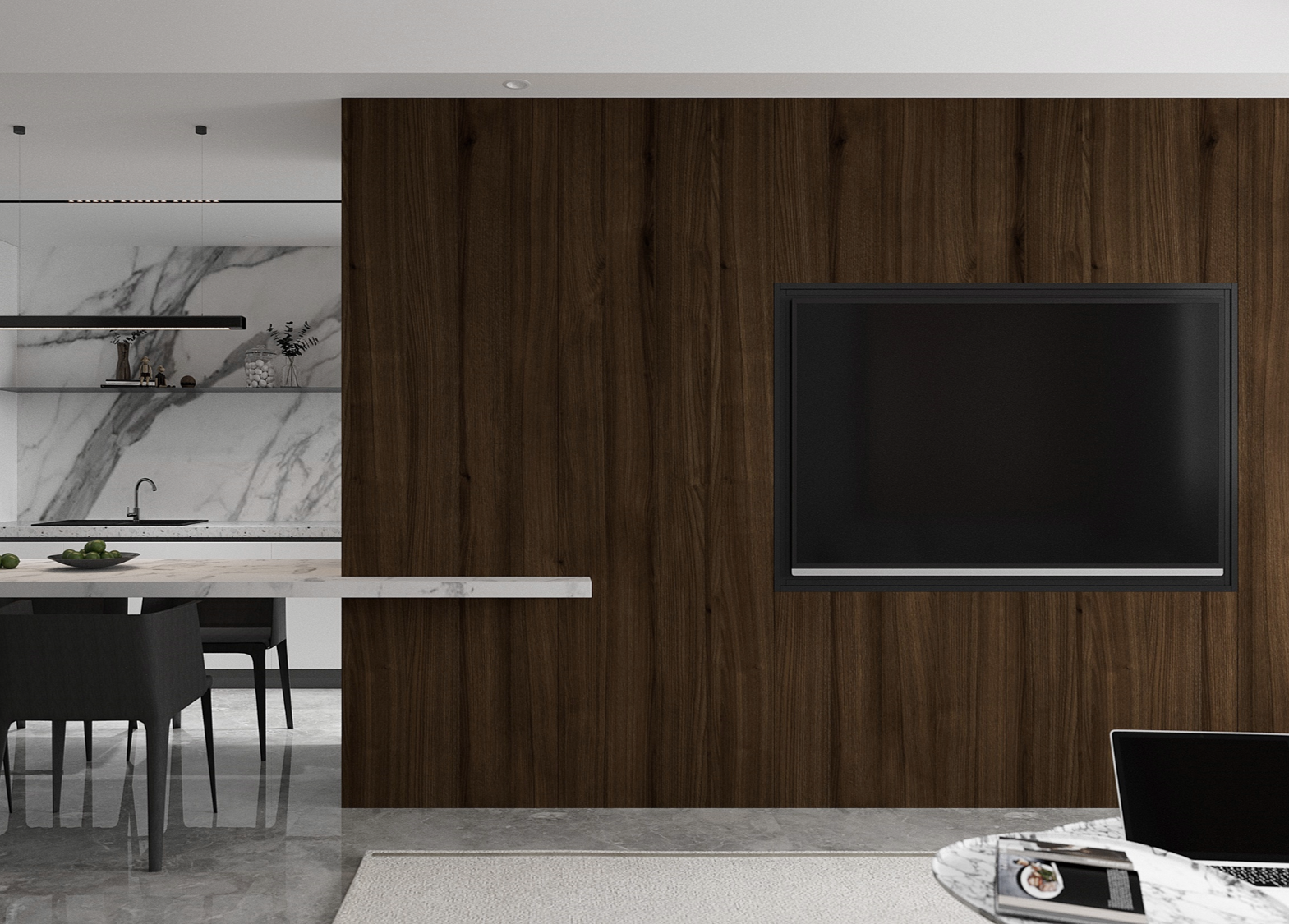 Dark wood laminate wall with matte finish and wood grain pattern in modern living room interior