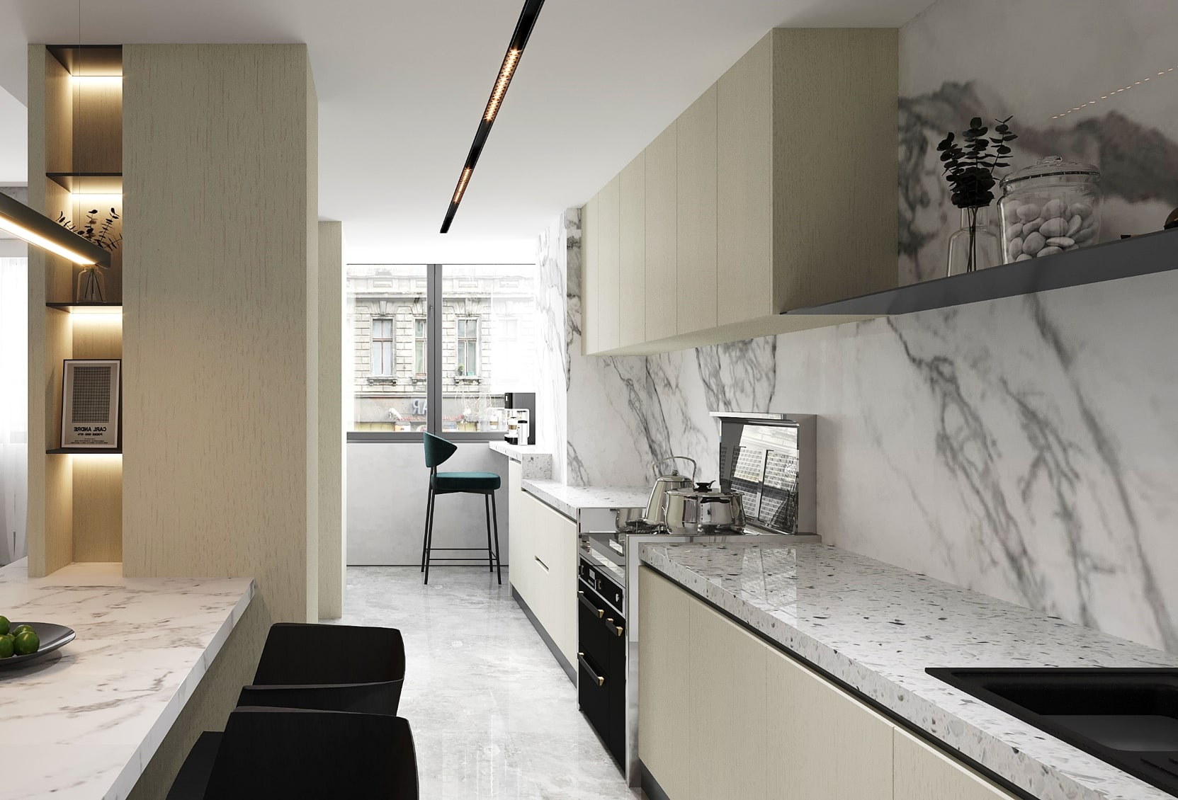 Beige wood laminate kitchen cabinets with matte finish and subtle wood grain texture in modern kitchen setting.