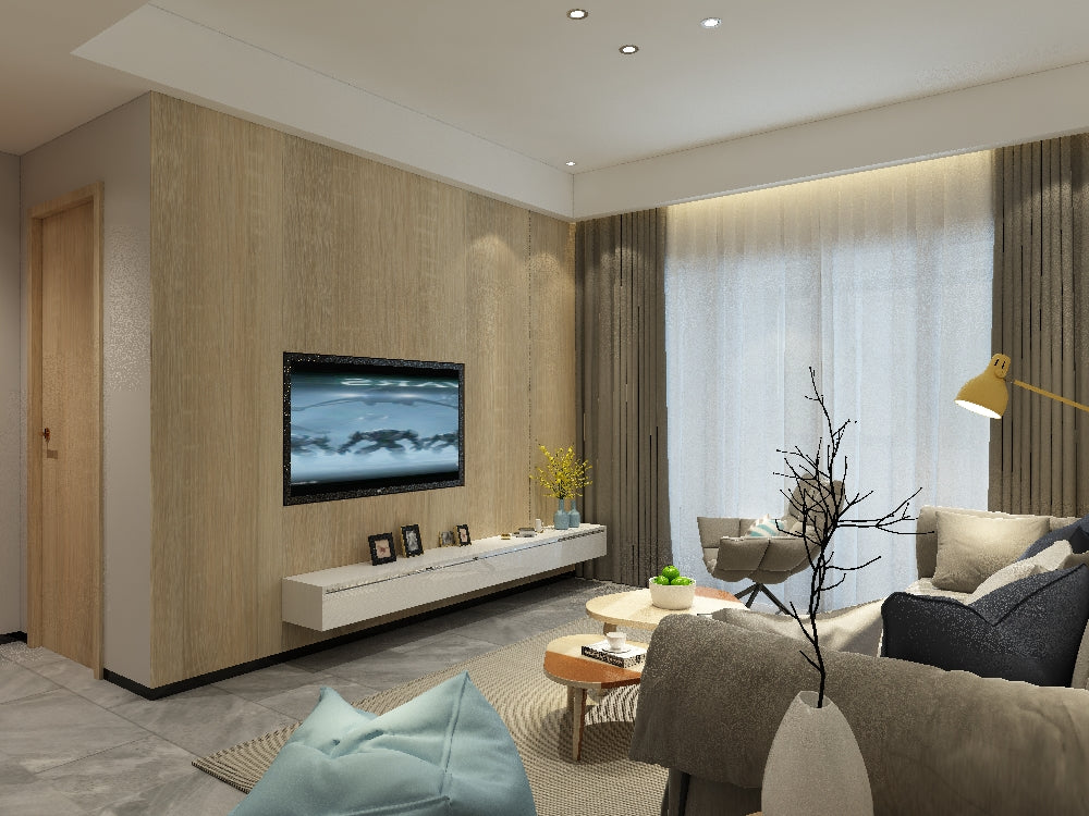 Wood grain laminate wall panel in modern living room with matte finish and textured surface.