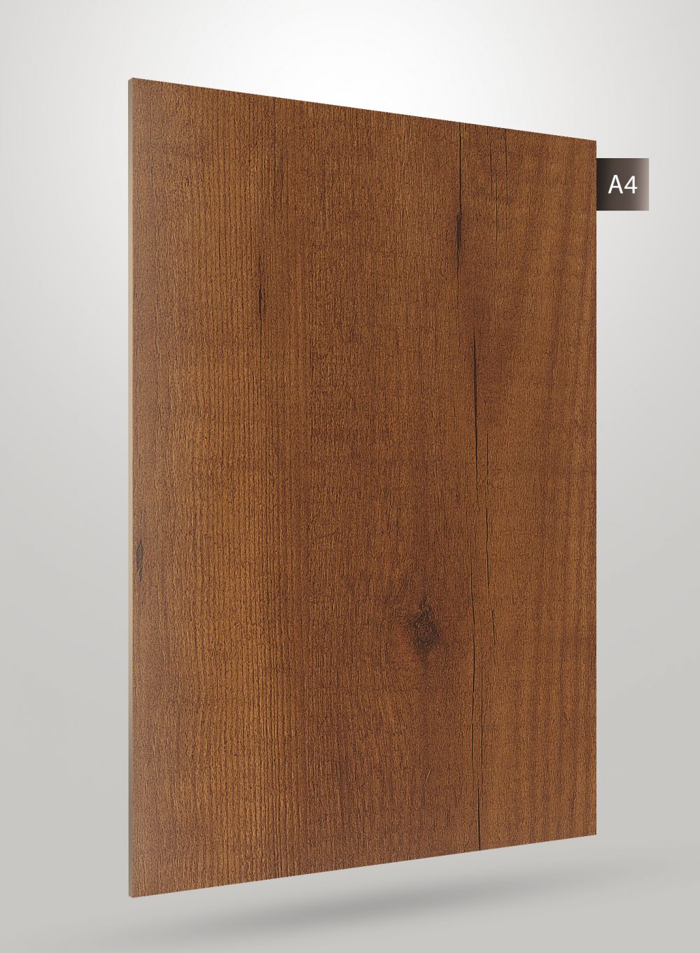 Brown wood grain decorative laminate with matte finish and visible texture, showing wood pattern and subtle knots.