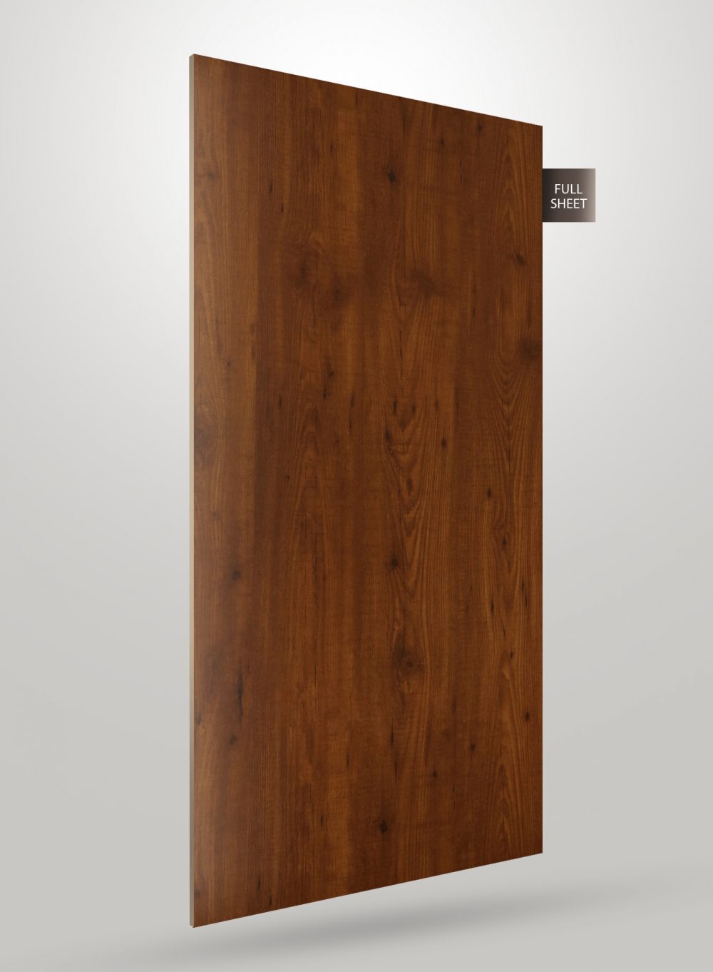 Brown wood grain decorative laminate with matte finish and visible wood texture and knots, labeled full sheet.