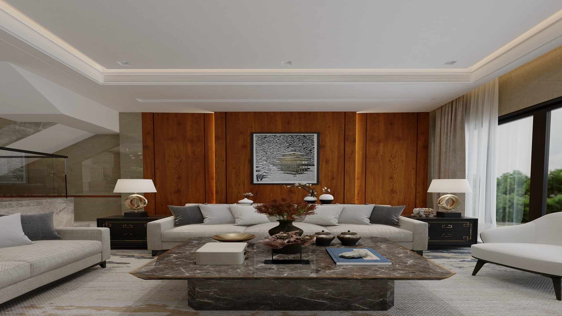 Wood laminate wall with matte finish and wood grain texture in a modern living room setting with furniture and decor.