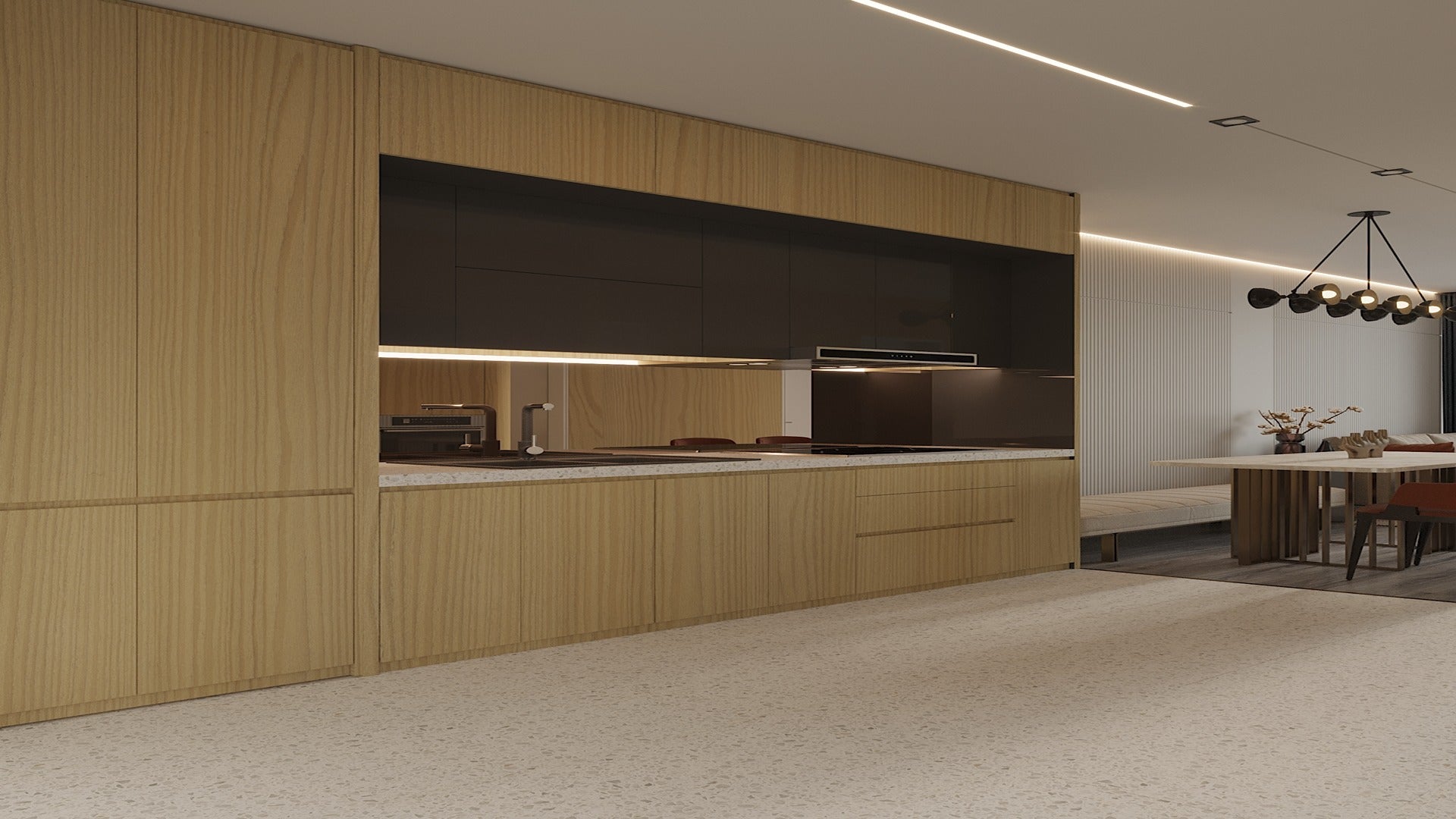 Brown wood grain laminate with matte finish used in modern kitchen cabinets and wall paneling with subtle texture and grain