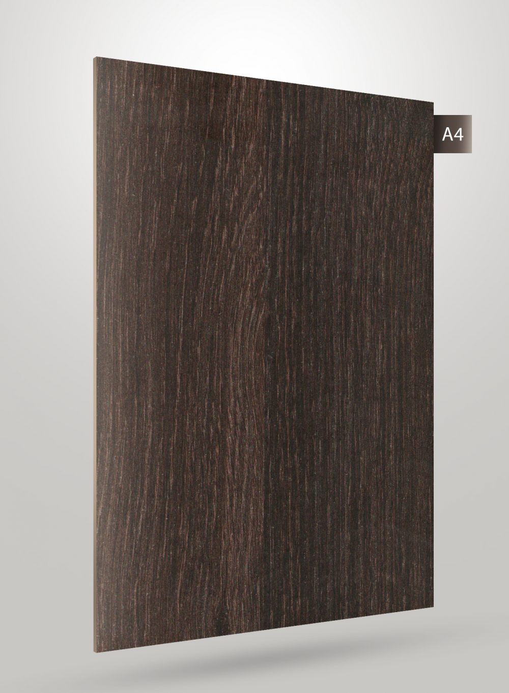 Brown wood grain decorative laminate with matte finish and vertical wood texture pattern on a sample sheet.