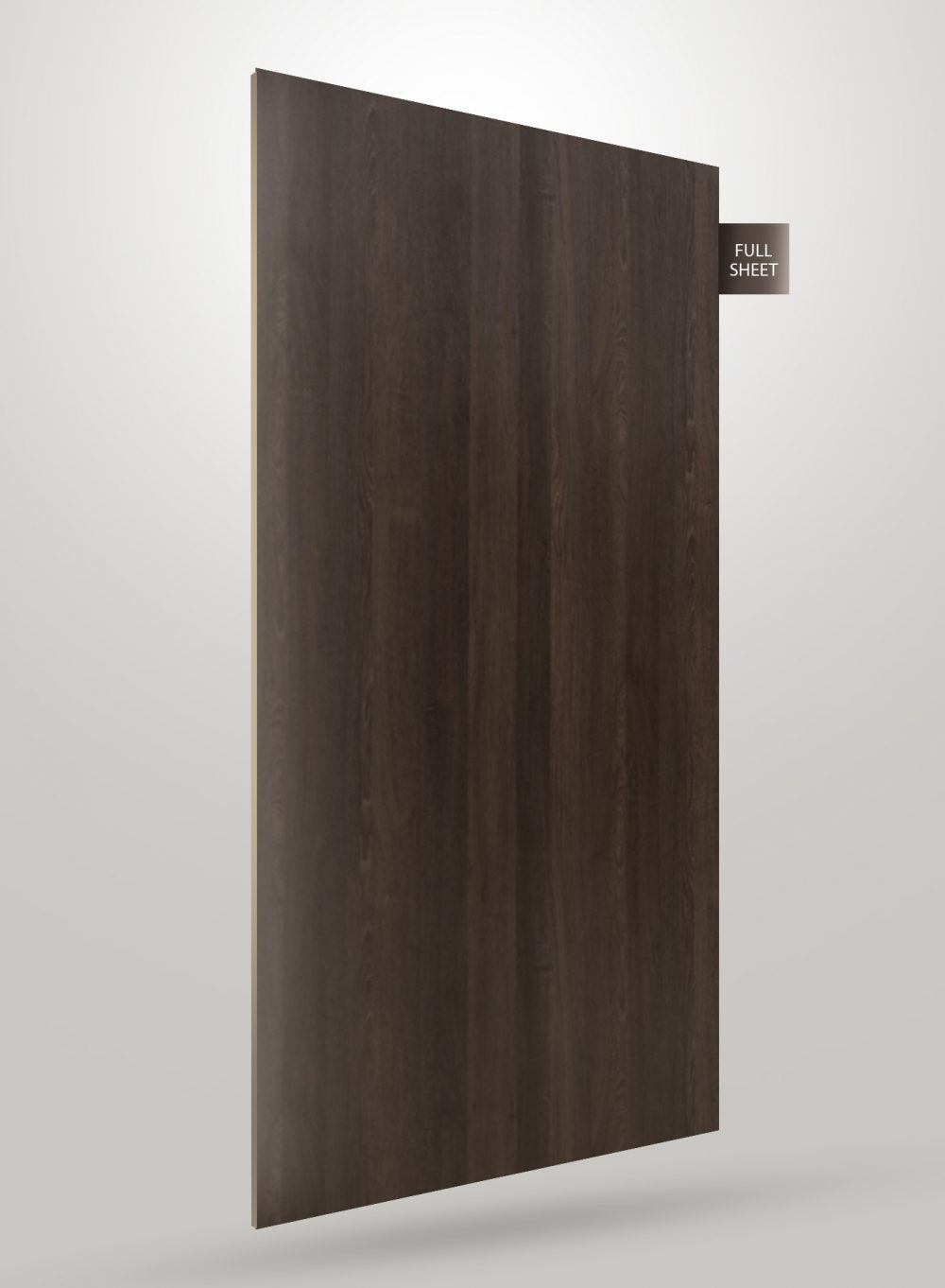 Dark brown wood grain laminate sheet with matte finish and visible wood texture displayed upright with full sheet label.