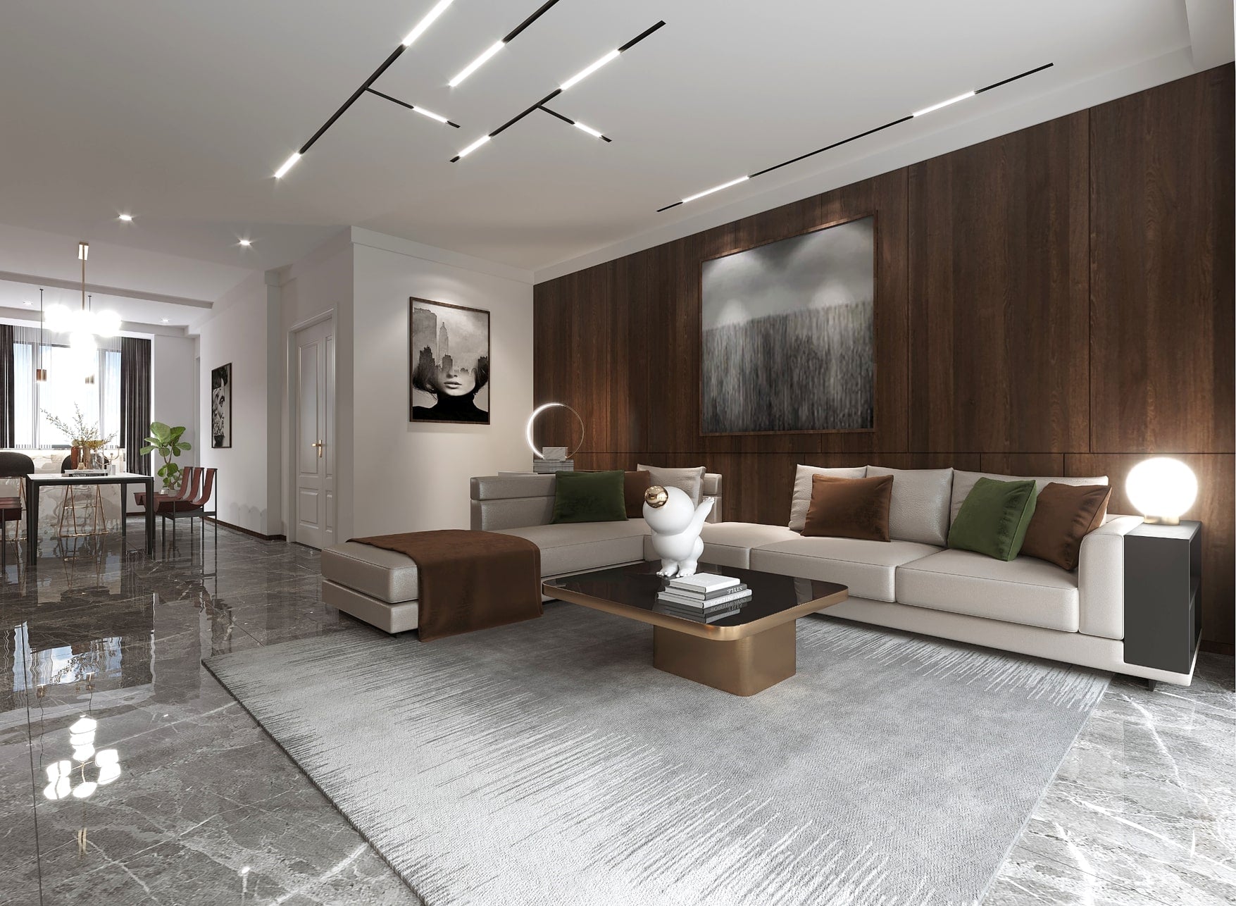 Brown wood laminate wall panel in modern living room with white furniture and minimalist decor