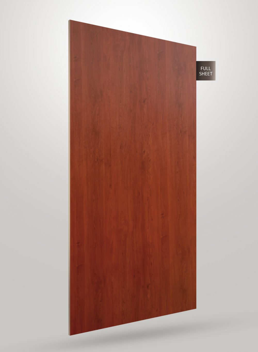 Brown wood grain decorative laminate with matte finish and visible texture, displayed as a full sheet.