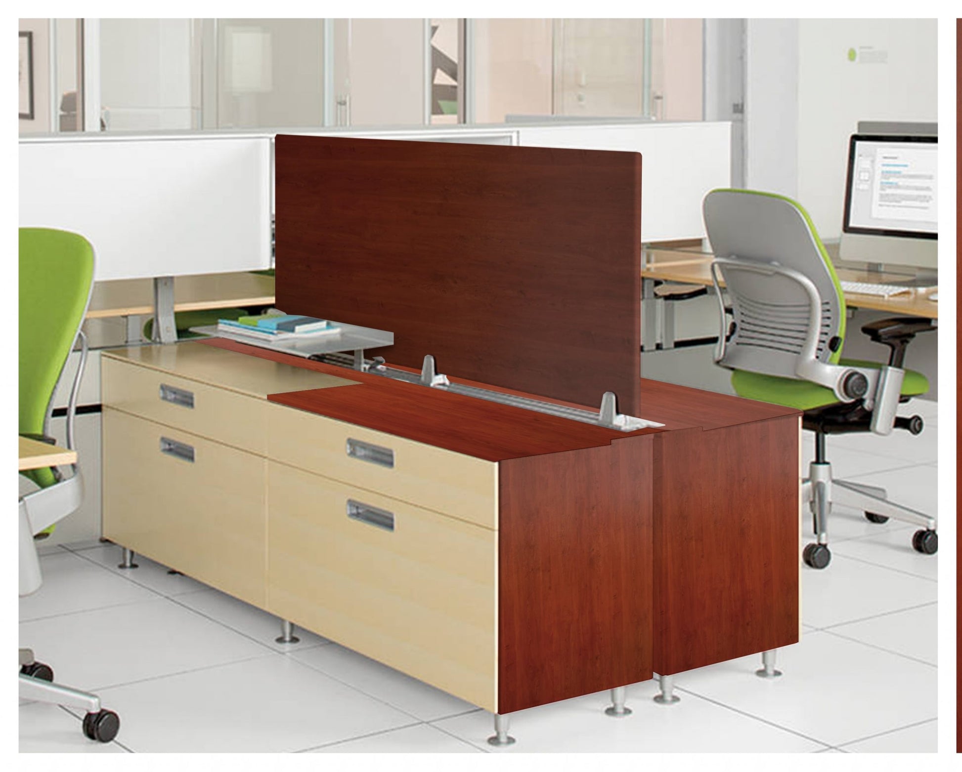 Brown wood laminate partition with matte finish and wood grain texture in modern office setting with furniture