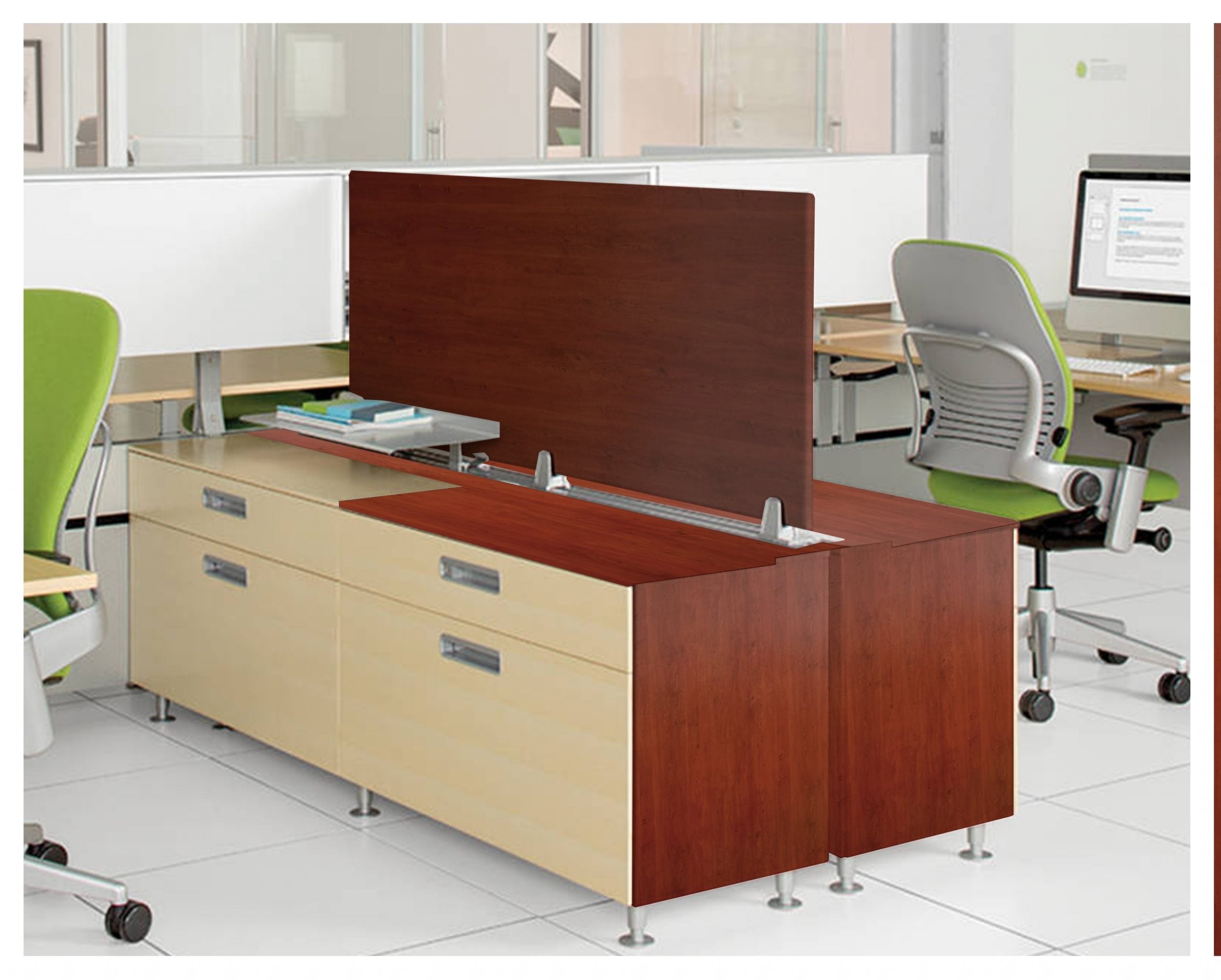 Brown wood laminate partition with matte finish and wood grain texture in modern office setting with furniture