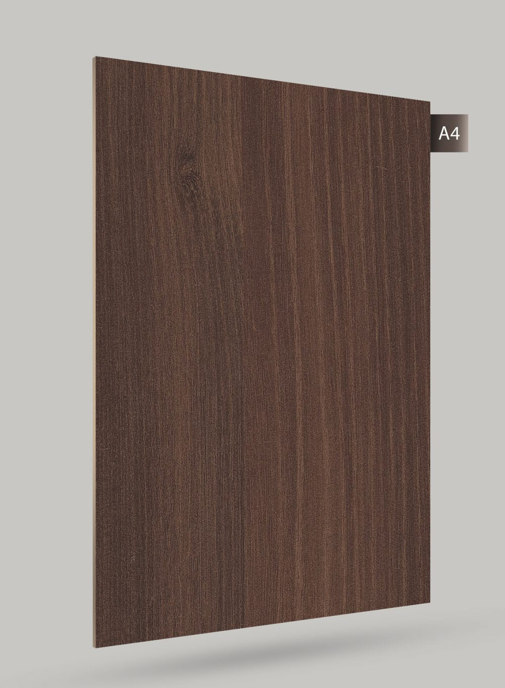 Brown wood grain decorative laminate with matte finish and vertical wood pattern texture.