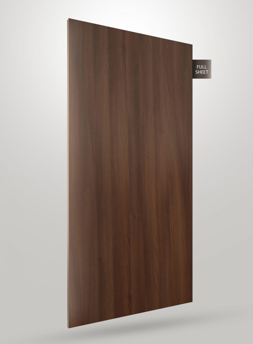 Brown wood grain decorative laminate sheet with matte finish and visible wood texture, labeled full sheet.