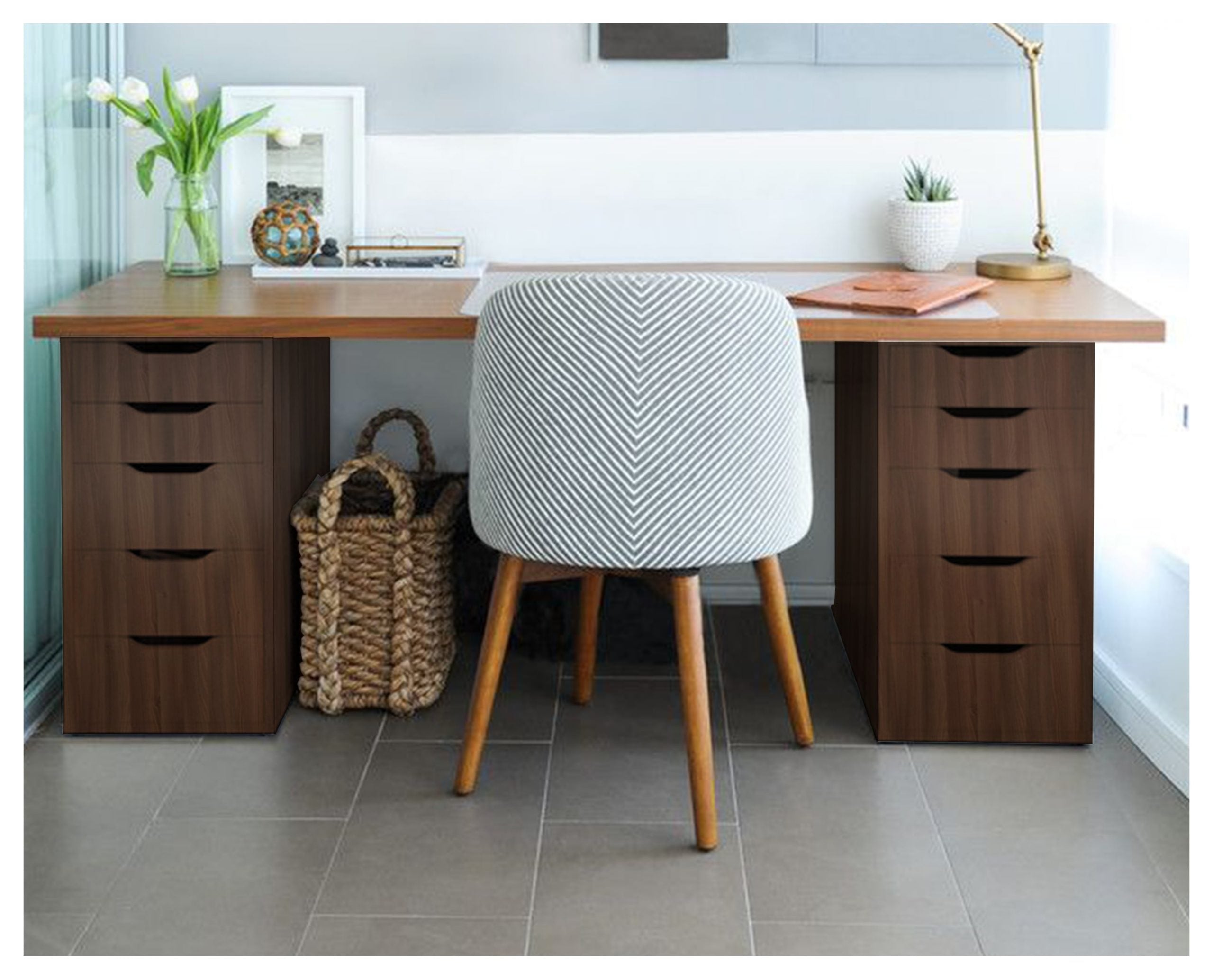 Brown wood laminate desk with matte finish and wood grain texture in a modern office setting
