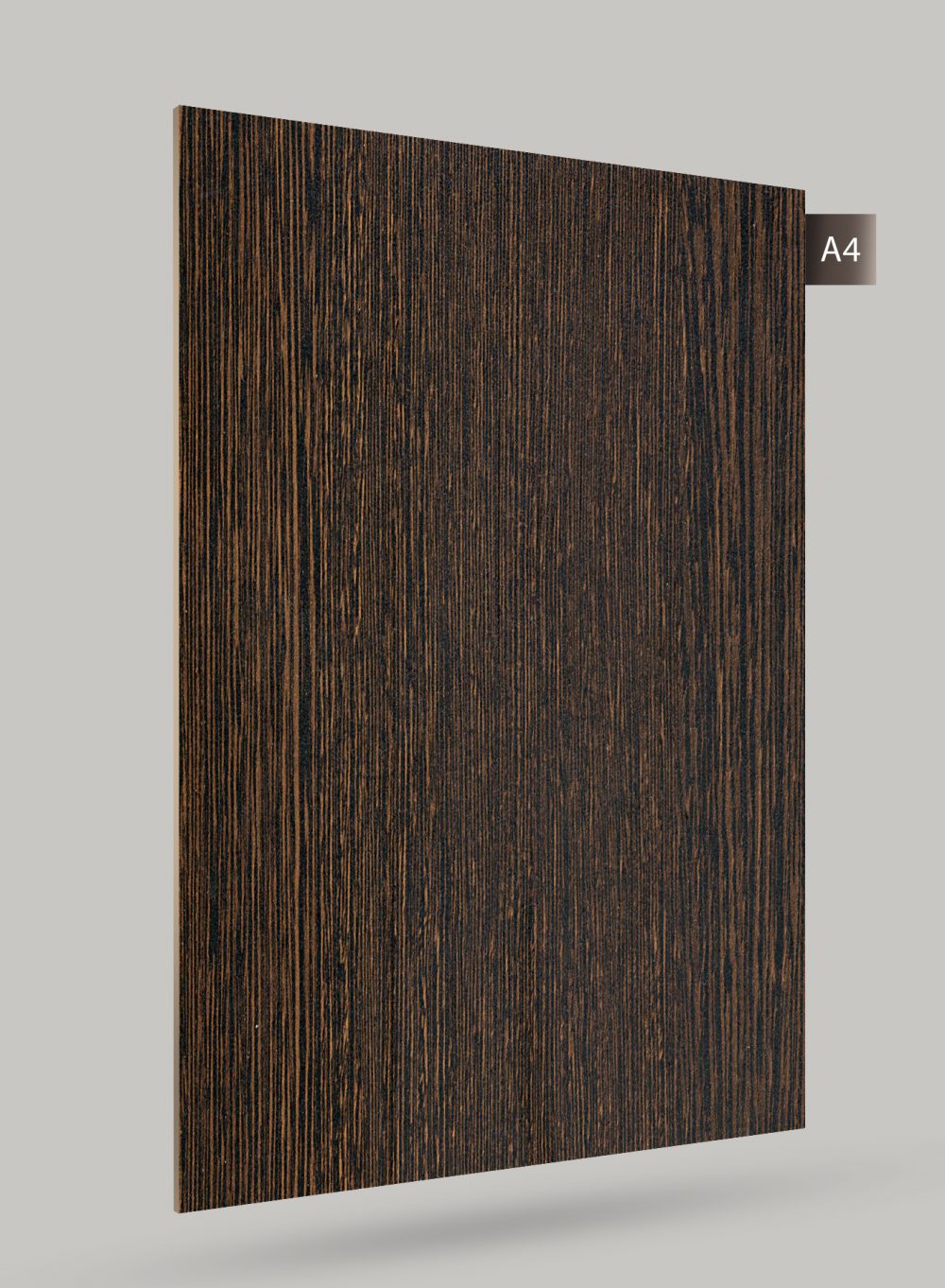 Brown wood grain decorative laminate with matte finish and vertical wood pattern texture on a square sample sheet