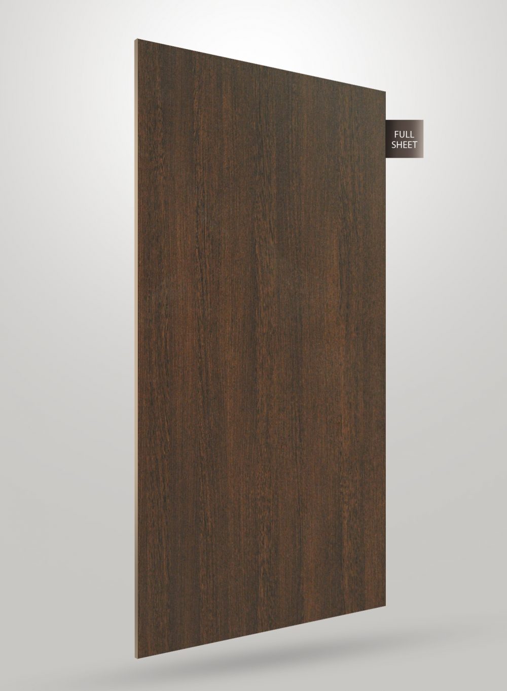 Brown wood grain decorative laminate with matte finish and visible wood texture, shown as a full sheet.