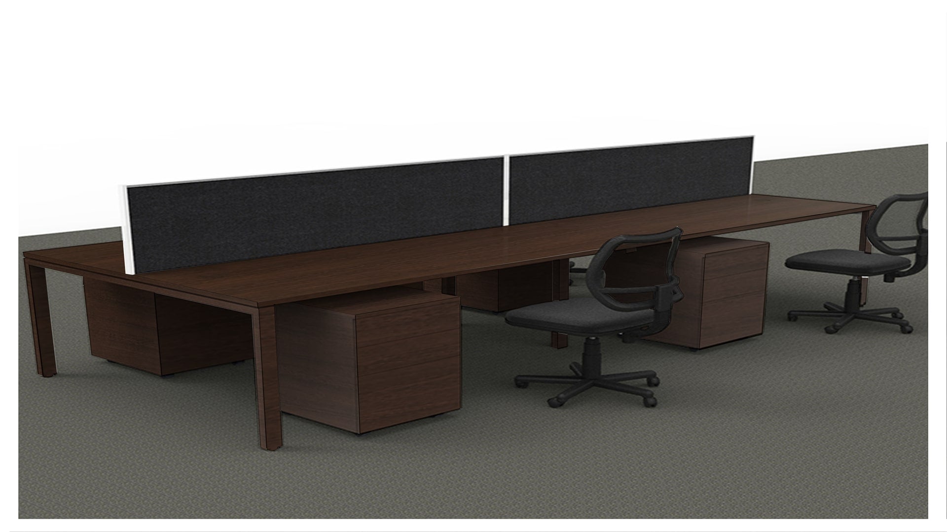 Brown wood laminate office desk with matte finish and wood grain texture in a modern workspace setting with black chairs