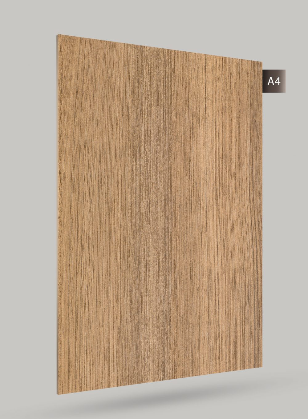 Brown wood grain decorative laminate with matte finish and vertical grain pattern