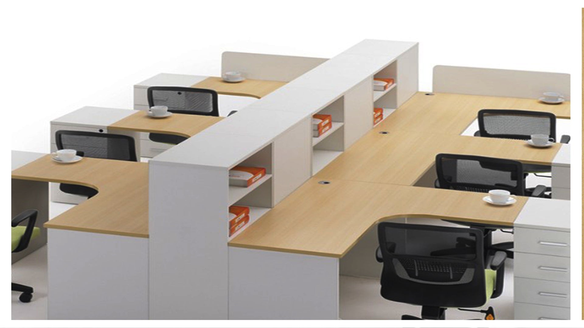 Brown wood grain laminate office workstations with matte finish and visible wood texture in a modern workspace setup.