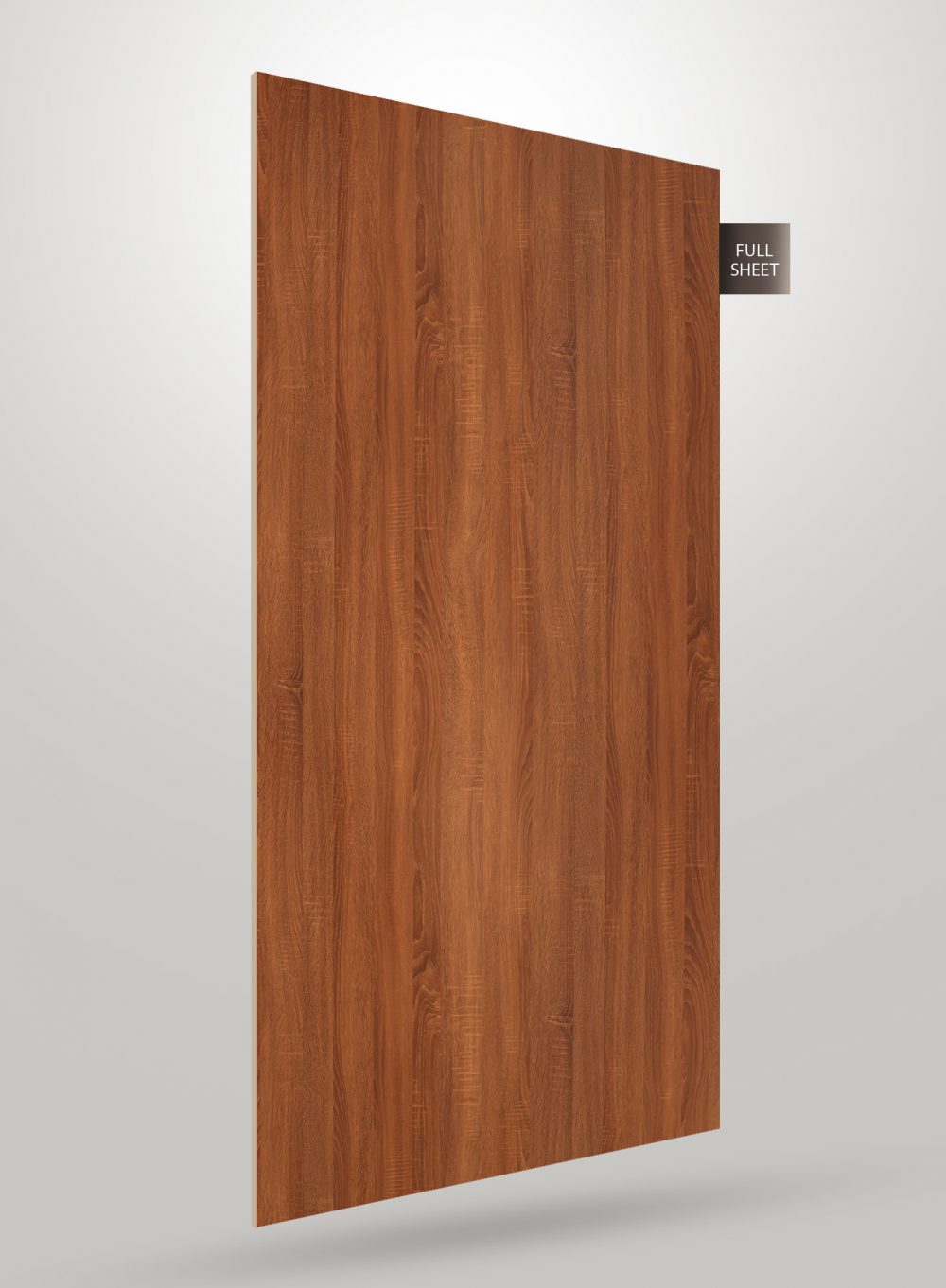Brown wood grain laminate sheet with matte finish and visible wood texture, labeled full sheet.