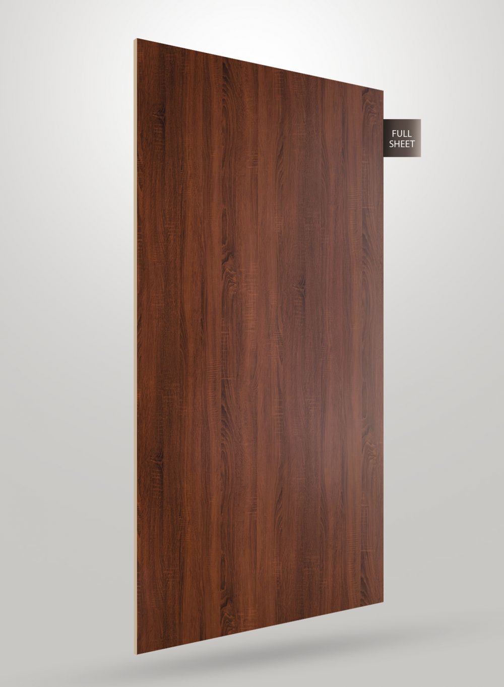 Brown wood grain decorative laminate with matte finish and visible wood texture, shown as a full sheet.