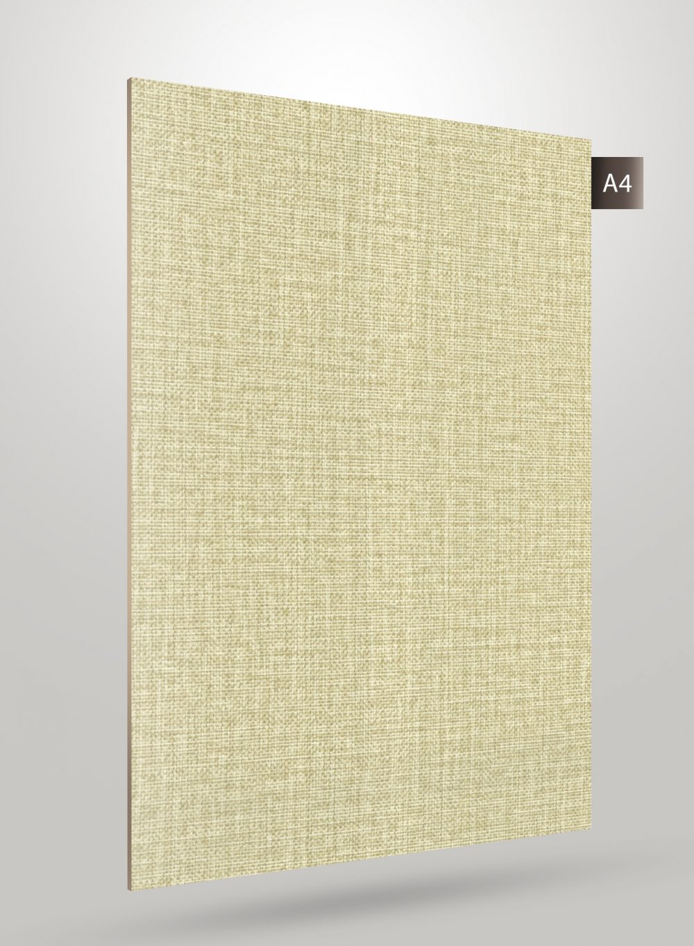 Beige fabric laminate with matte finish and textured pattern, showcasing woven design and smooth edge.