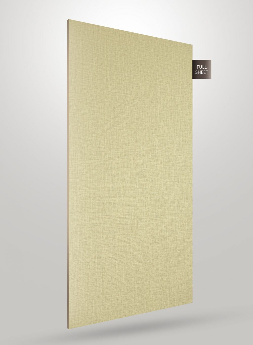 Beige fabric laminate sheet with matte finish and textured pattern, labeled full sheet on gray background.