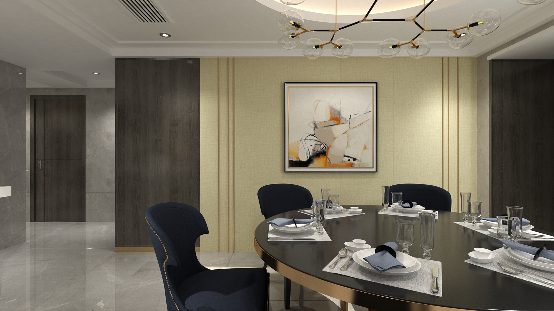 Multi-coloured fabric laminate wall panel with matte finish in a modern dining room setting with dark wood accents.